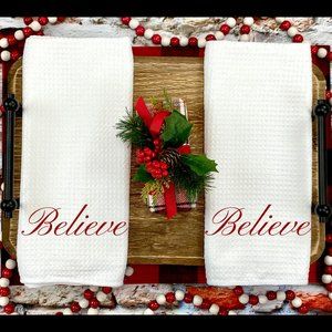 Christmas Towels, Set of 2, Believe, Kitchen or Bathroom, Microfiber